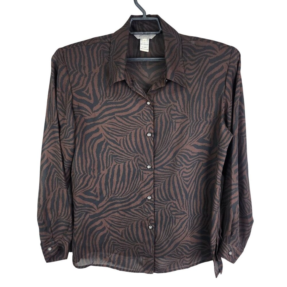 Womens Stonebridge Brown Black Animal Print Sheer Shirt Long Sleeve Button Up L